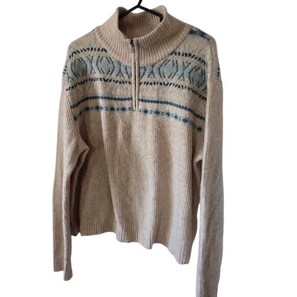 Aspen Sweater XL Tan Blue Fair Isle 1/4 Zip Nordic Knit Pullover - Picture 1 of 5